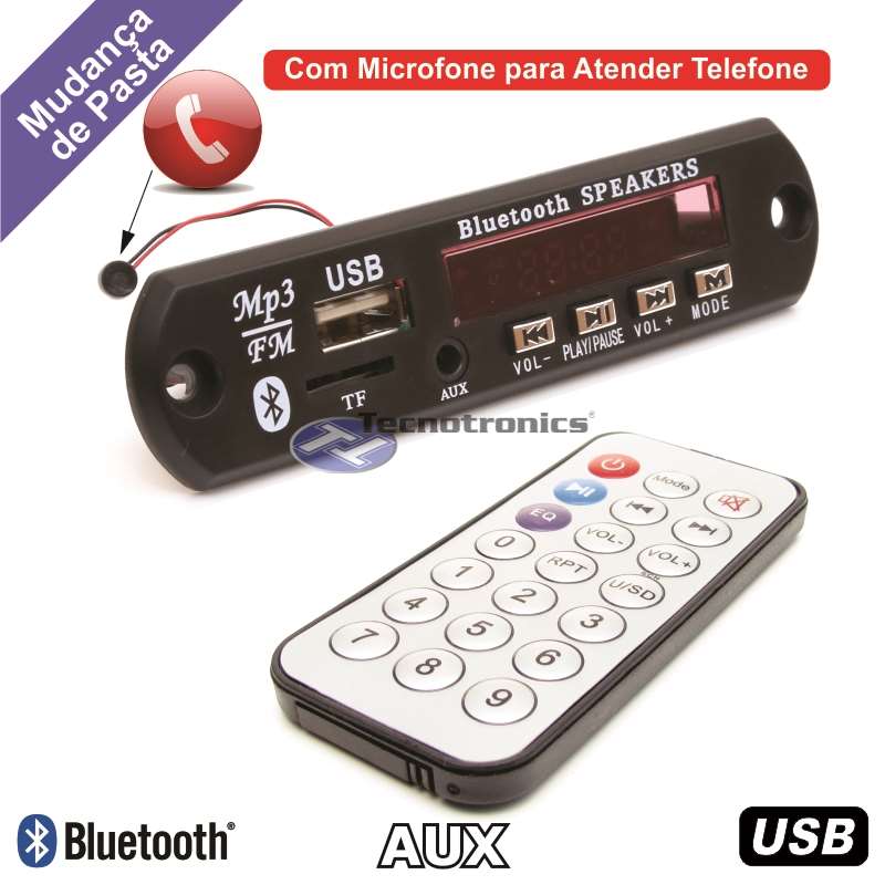 Decodificadora USB MP3 FM AUX Bluetooth com Microfone